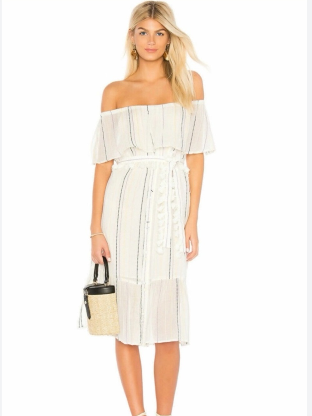Michael Stars One-Shoulder White Dress with Navy Stripes